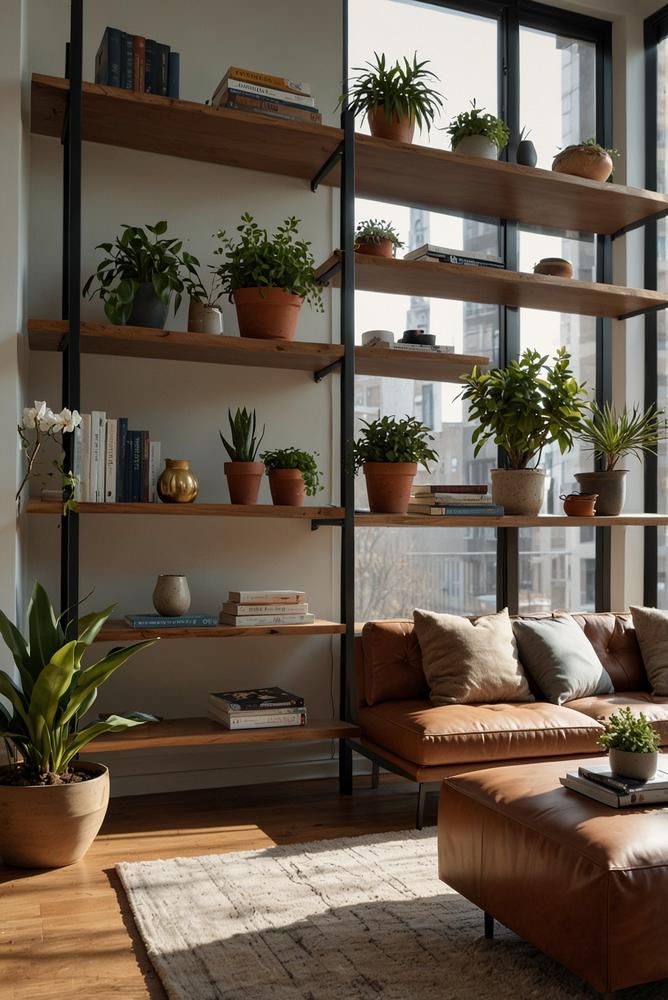 Offenes Regal als Raumteiler im hellen Wohnzimmer