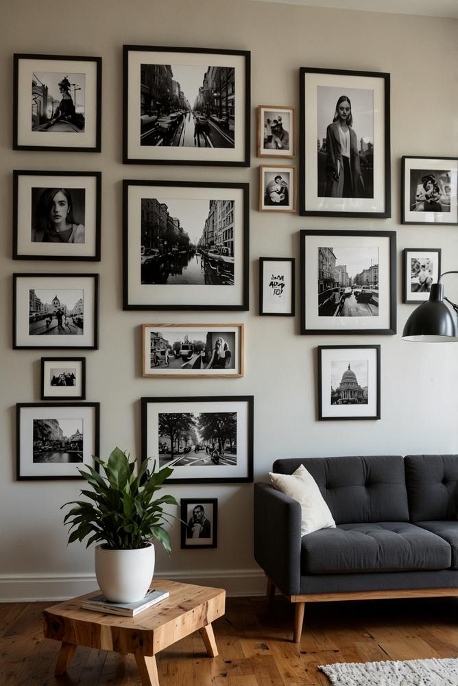 Helles Wohnzimmer mit persönlicher Galeriewand und Kunstwerken