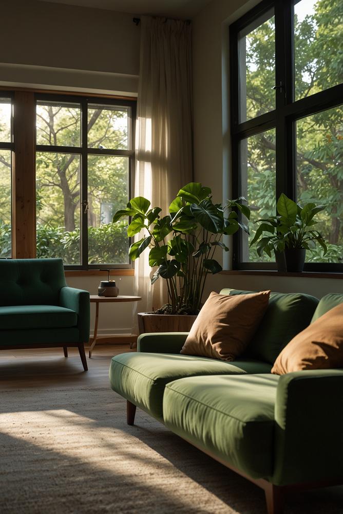 Helles Wohnzimmer mit Pflanzeninsel und grünen Fensterbänken