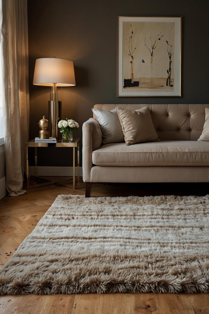 Gemütliches Wohnzimmer mit Samt, Leinen und Wolle Texturen