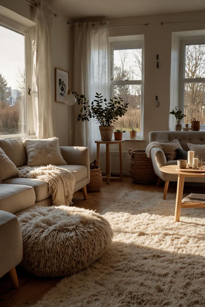 Skandinavisches Wohnzimmer mit hellem Holz und Hygge-Dekor
