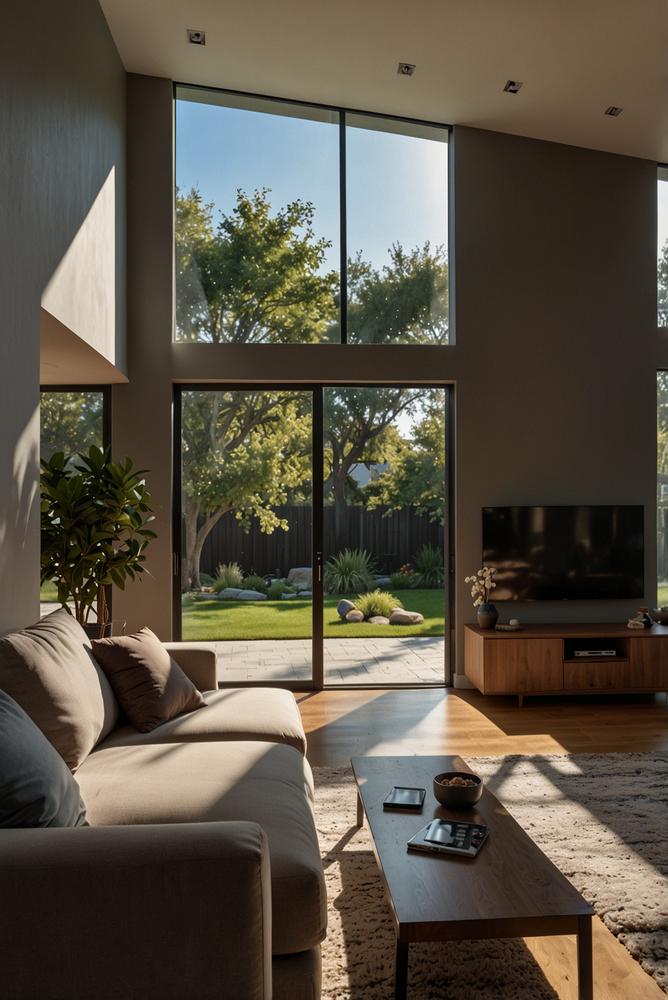 Modernes Wohnzimmer mit smartem Licht und Heizung