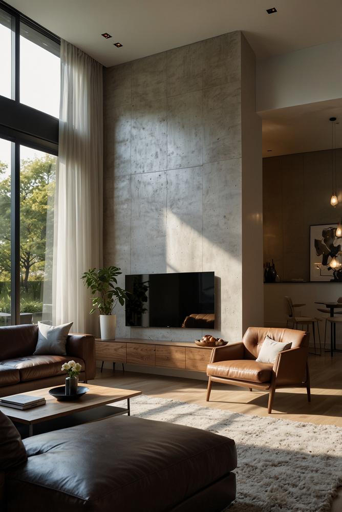 Wohnzimmer mit Spiegel hinter dem Fernseher zur Raumvergroesserung