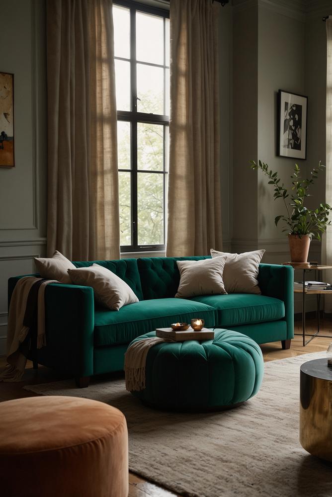 Modernes Wohnzimmer mit gruener Samt-Couch als Blickfang