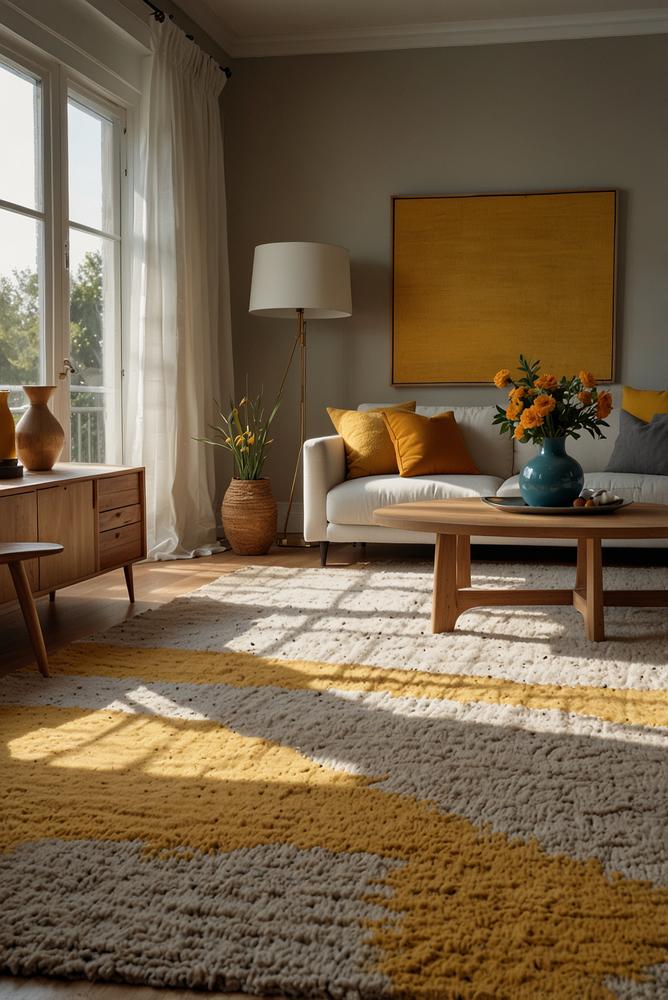 Helles Wohnzimmer mit bunten Teppichen und zonierter Gestaltung