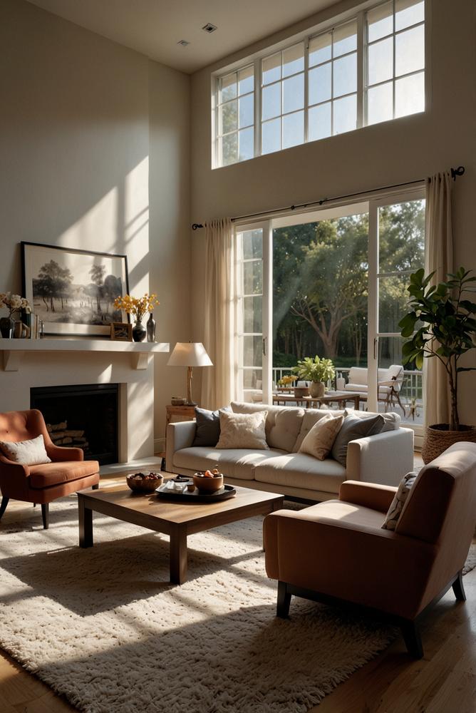 Wohnzimmer mit hellen Teppich-Zonierung und modernen Möbeln