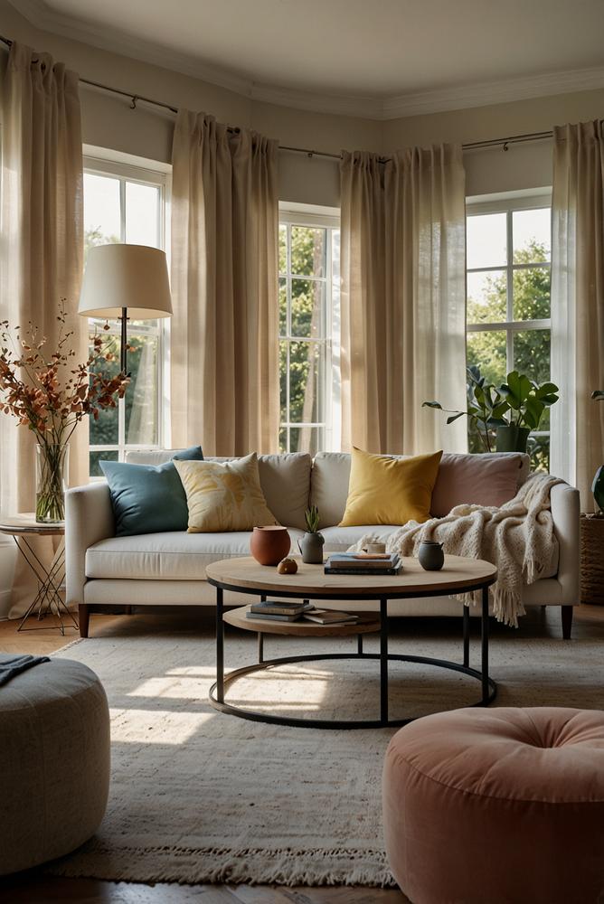 Gemütliches Wohnzimmer mit Plaids und Kissen in hellem Licht