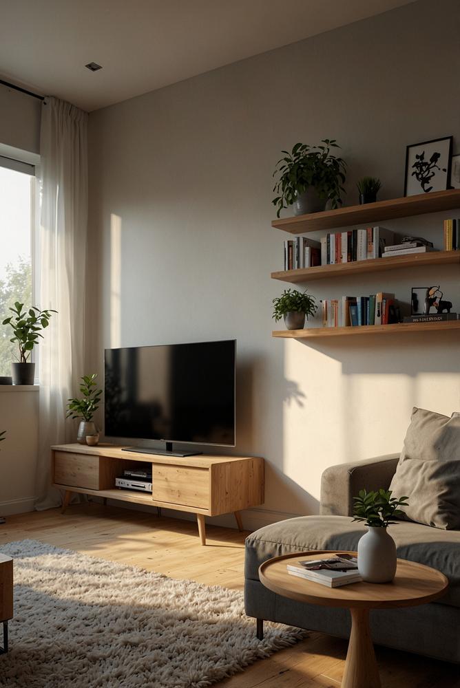 Helles Wohnzimmer mit maßgeschneiderter TV-Wand und Regalen