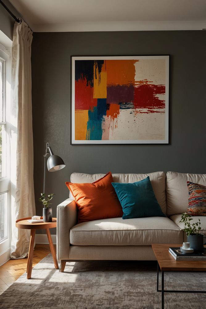 Wohnzimmer mit Wandkunst über dem Sofa hell und modern