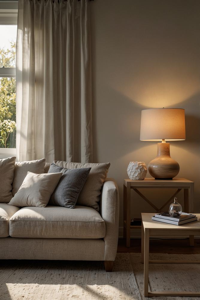 Helles Wohnzimmer mit Steh- und Tischlampen für Gemütlichkeit