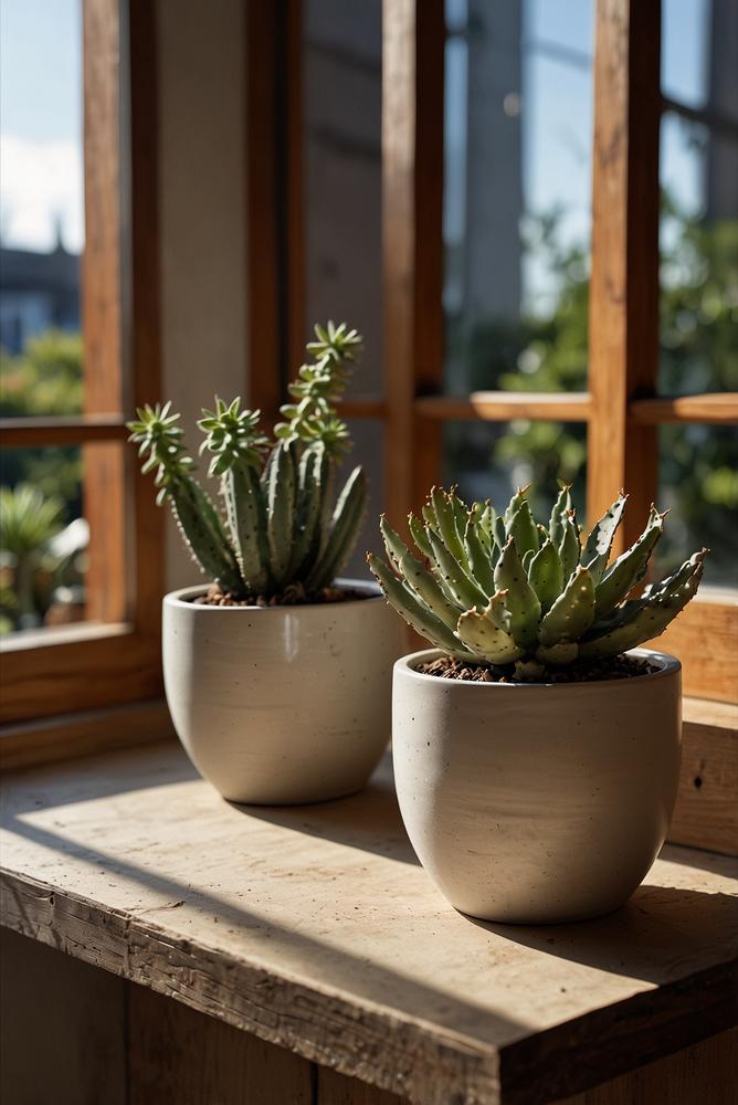 Helle Fensterbank mit langlebigen Pflanzen in Keramiktöpfen