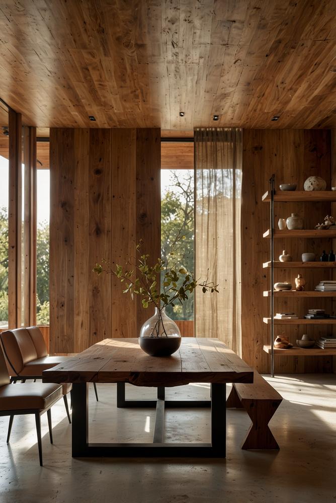 Heller Wohnraum mit massiven Holzelementen und natürlichem Charme