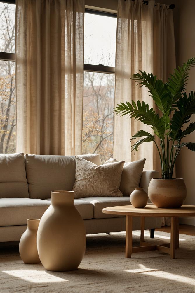 Helle schlichte Keramikvasen in neutraler Form im Wohnzimmer