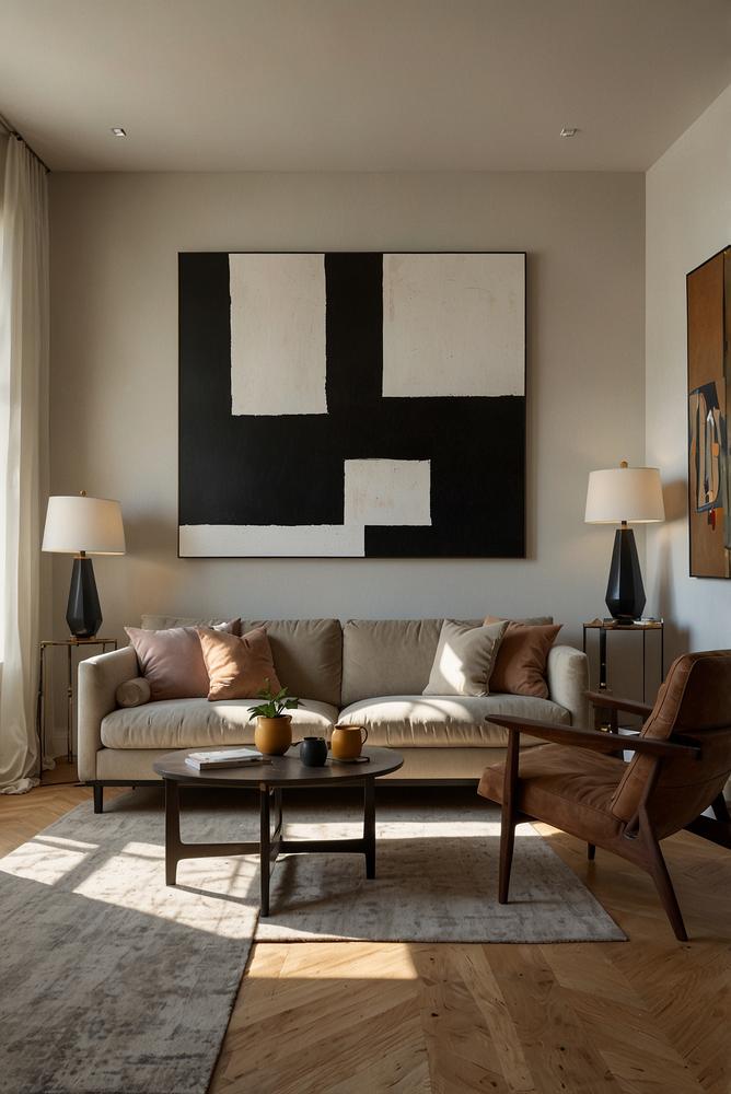 Helles Wohnzimmer mit zeitloser Kunst-Deko an der Wand
