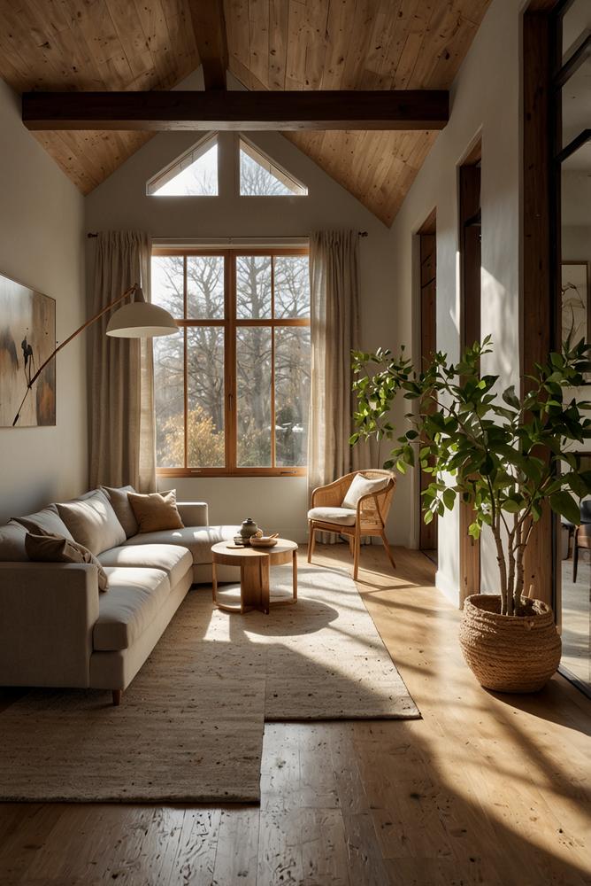 Helles Wohnzimmer mit neutraler Naturdeko und warmen Erdtoenen