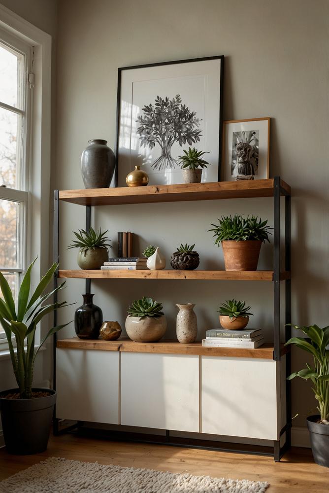 Helles Regal mit zeitloser Deko und Pflanzen