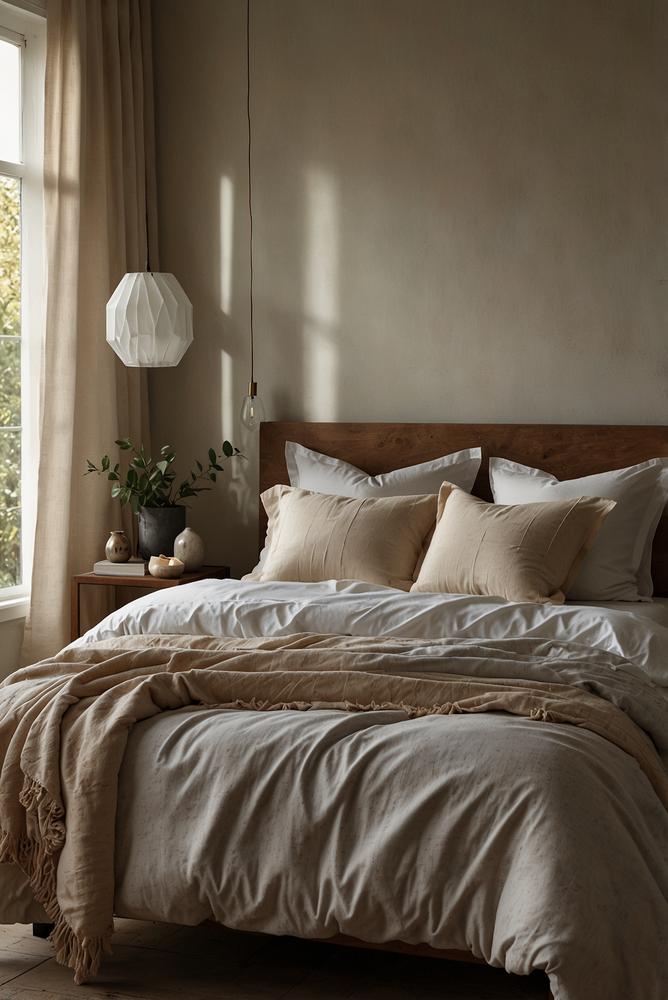 Hochwertige, zeitlose Betttextilien im lichtdurchfluteten Schlafzimmer
