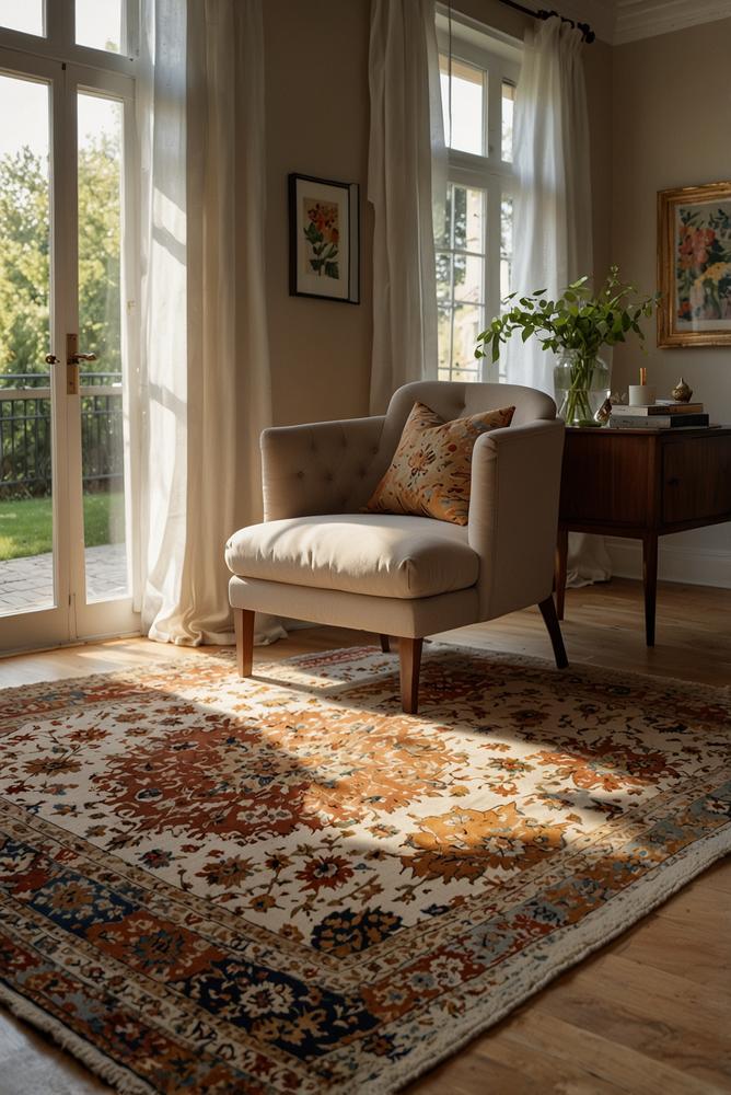 Hell beleuchteter Raum mit klassischem Teppich und natürlichem Licht