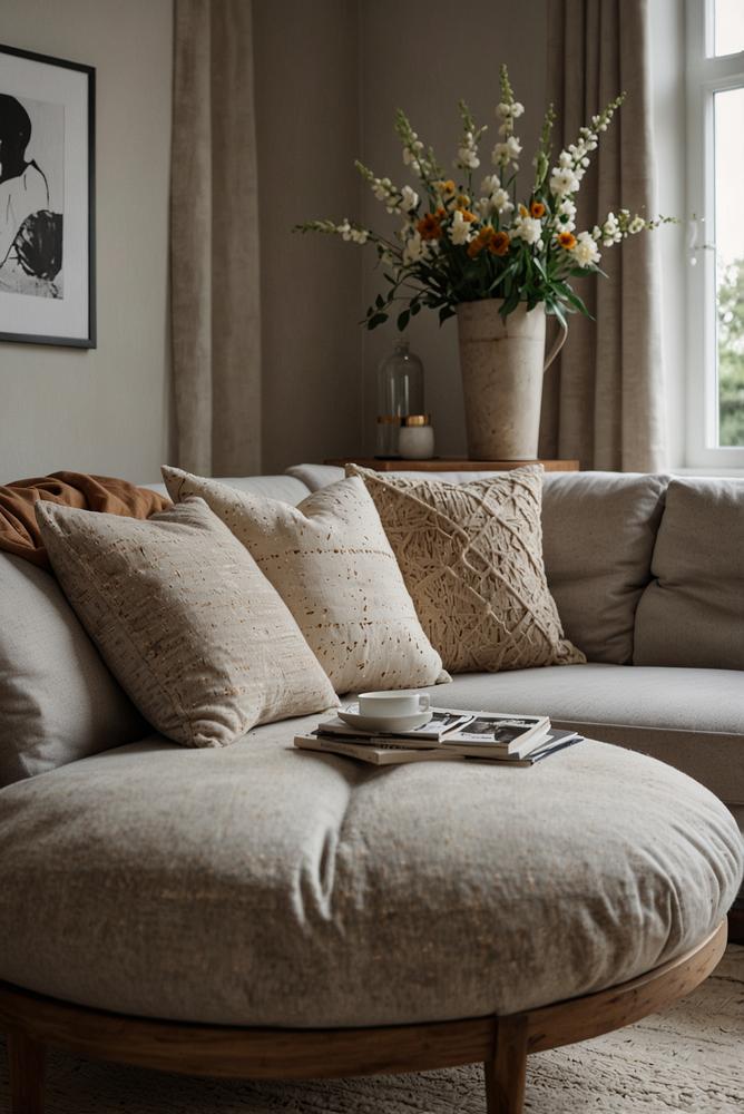 Helles wohnzimmer mit zeitloser textildeko aus kissen und decken