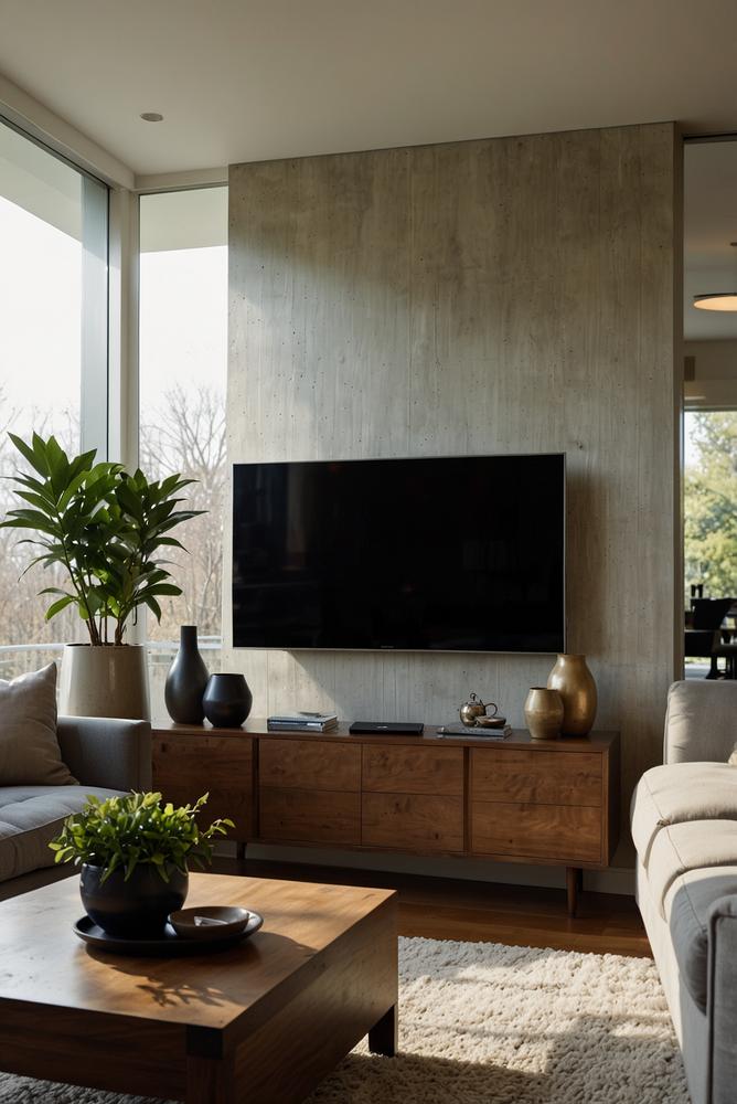 Helle moderne TV-Wand mit integrierter Deko und Fernseher