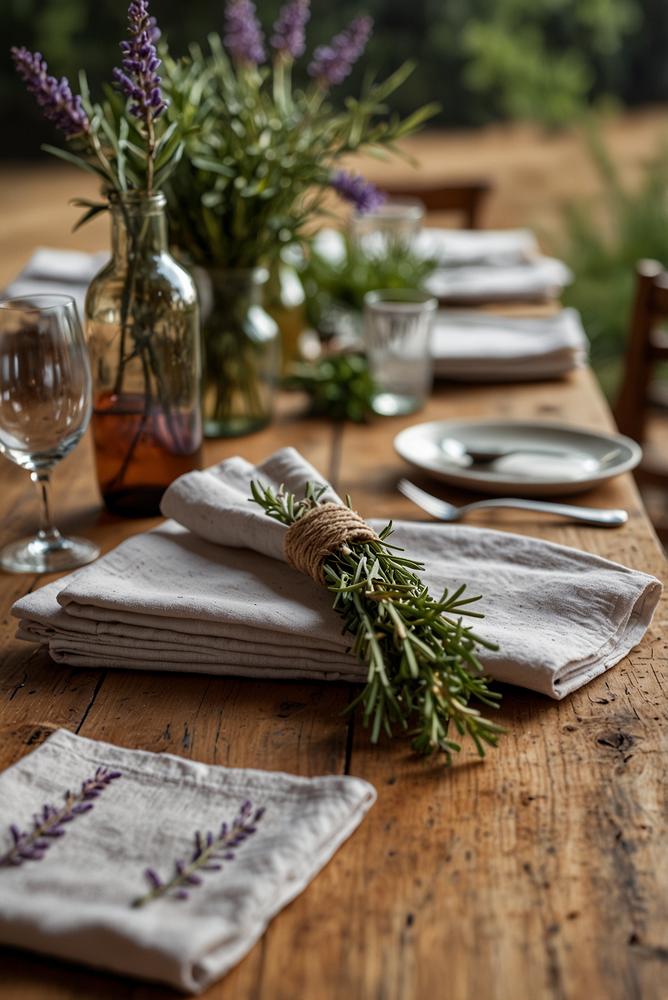 Helle Zero-Waste Tischdeko mit Stoffservietten und Kräutern