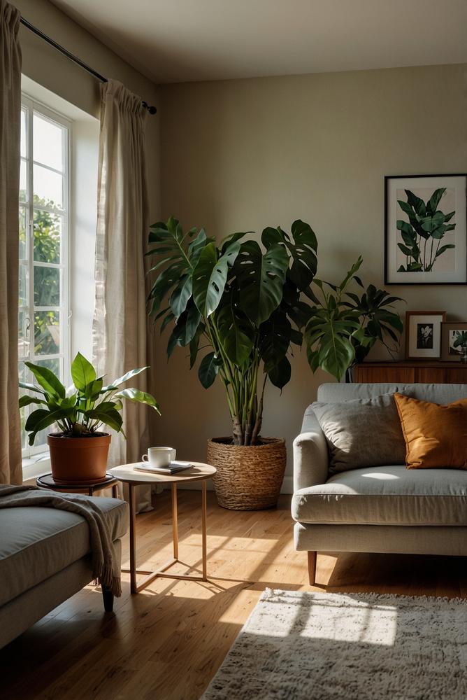 Helles Wohnzimmer mit verschiedenen Zimmerpflanzen freundschaftlich beleuchtet