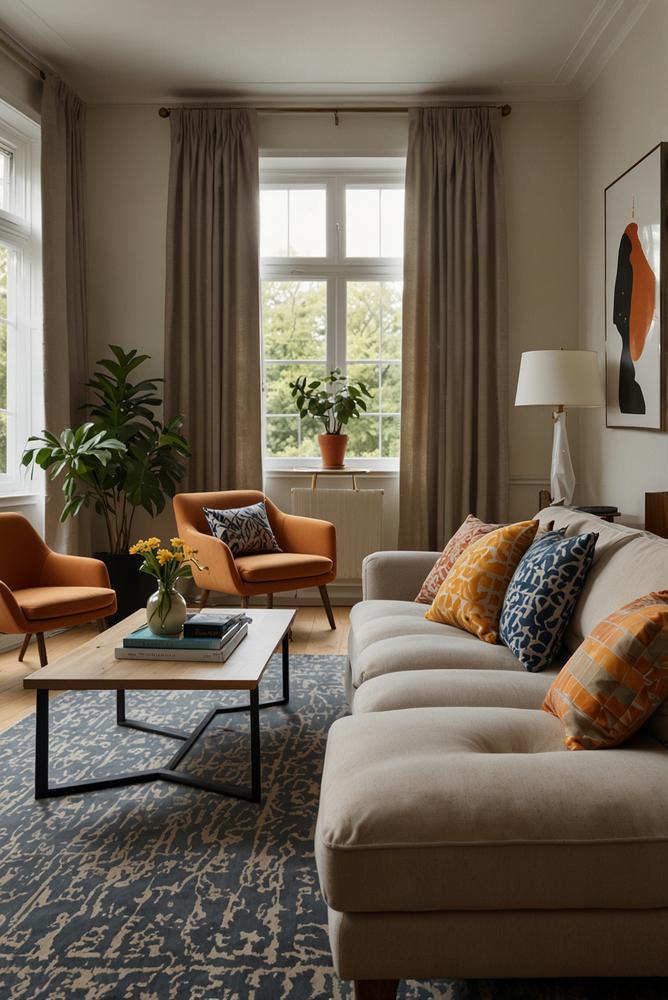 Helles Wohnzimmer mit harmonischer Musterkombination