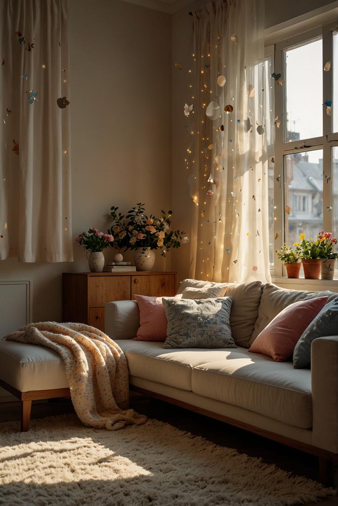 Wohnzimmer mit Lichtervorhang und Osterdeko, sternenstimmung