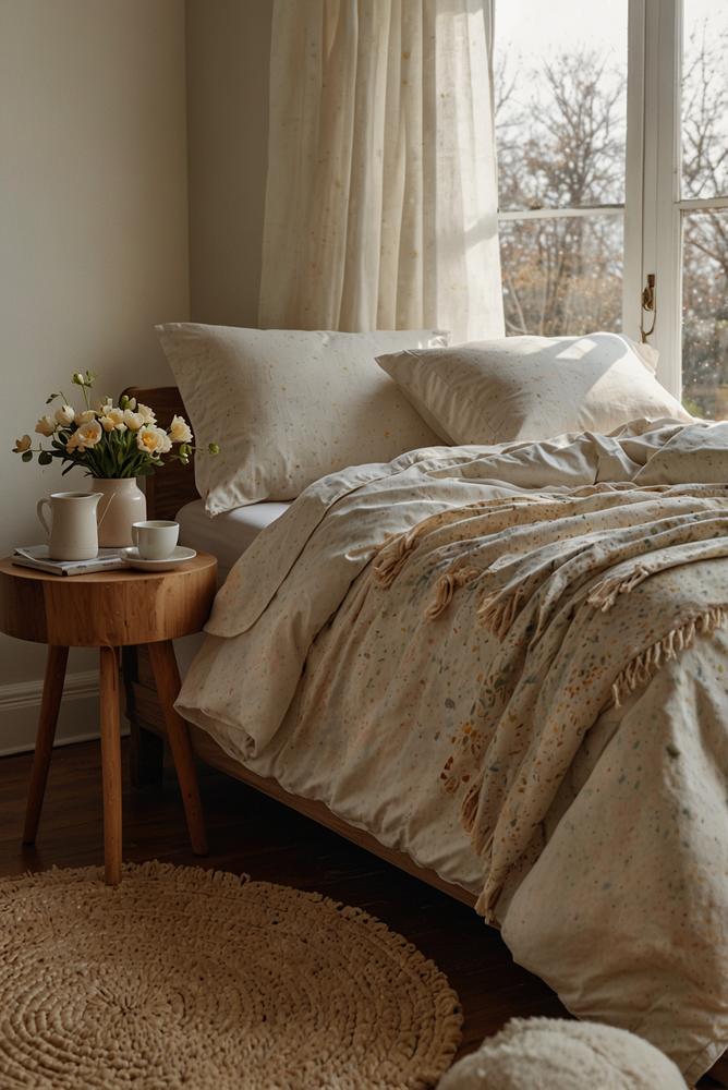 Helles Schlafzimmer mit atmungsaktiver Bettwäsche im Fruehling