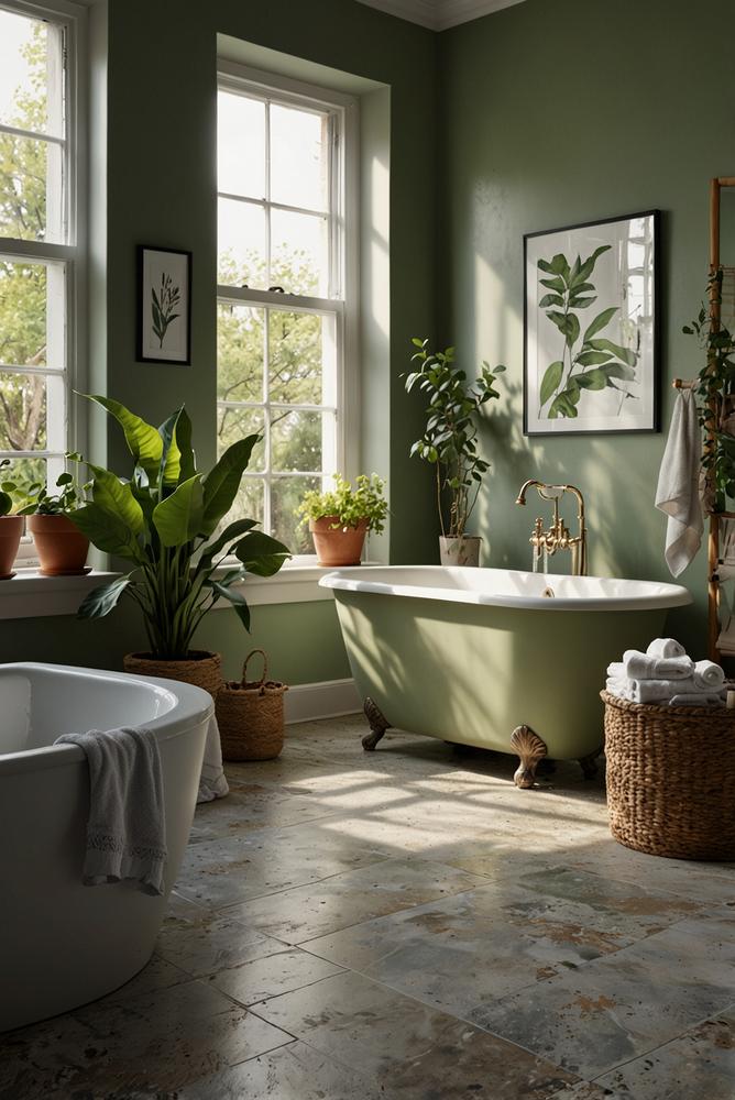 Hell erleuchtetes Badezimmer mit Pflanzen und frischen Textilien