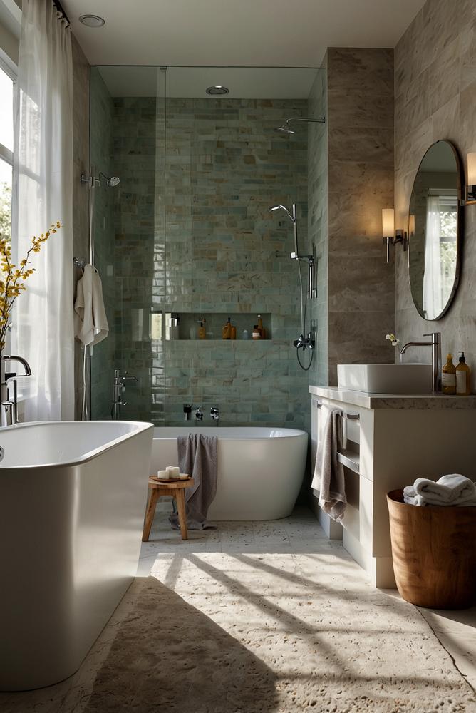 Hell beleuchtetes frisches Badezimmer mit Pastelltextilien