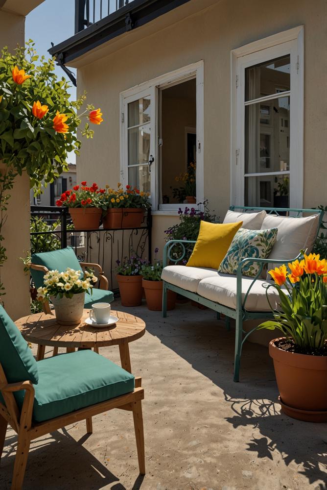 Heller, grüner Balkon mit Frühlingsblumen und Kräutern