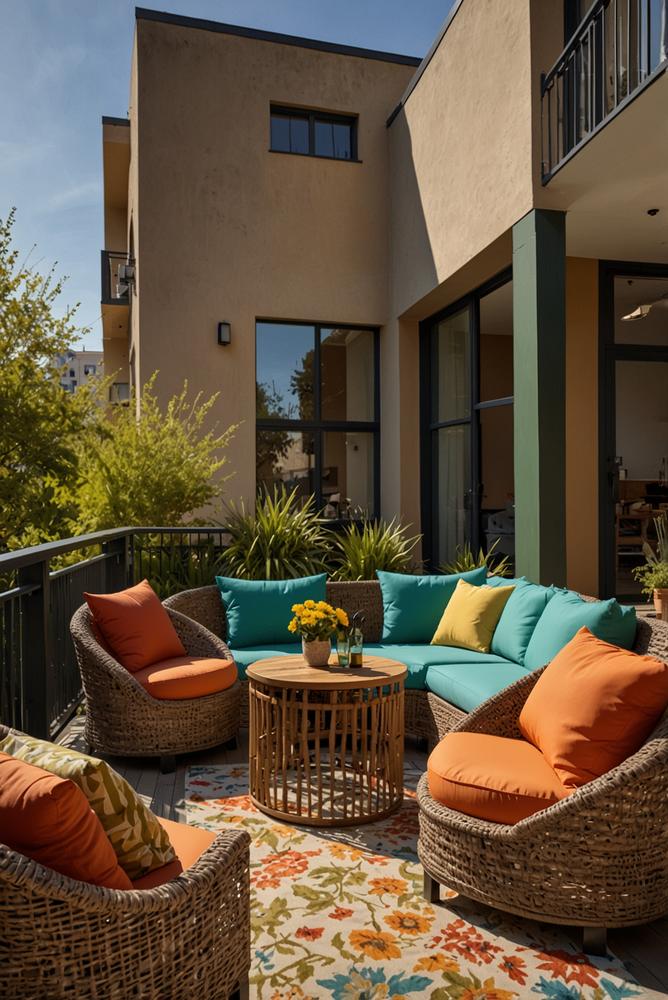 Balkon-Sitzgruppe in lebendigen Frühlingsfarben, hell und einladend