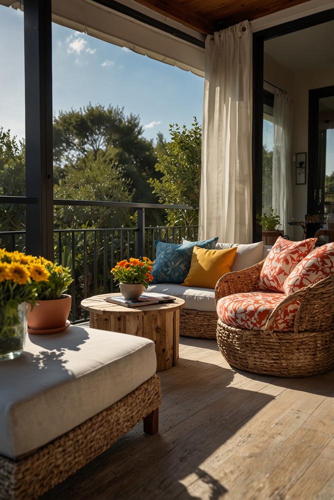 Wetterfeste Kissen und Decken auf Balkon im Fruehling