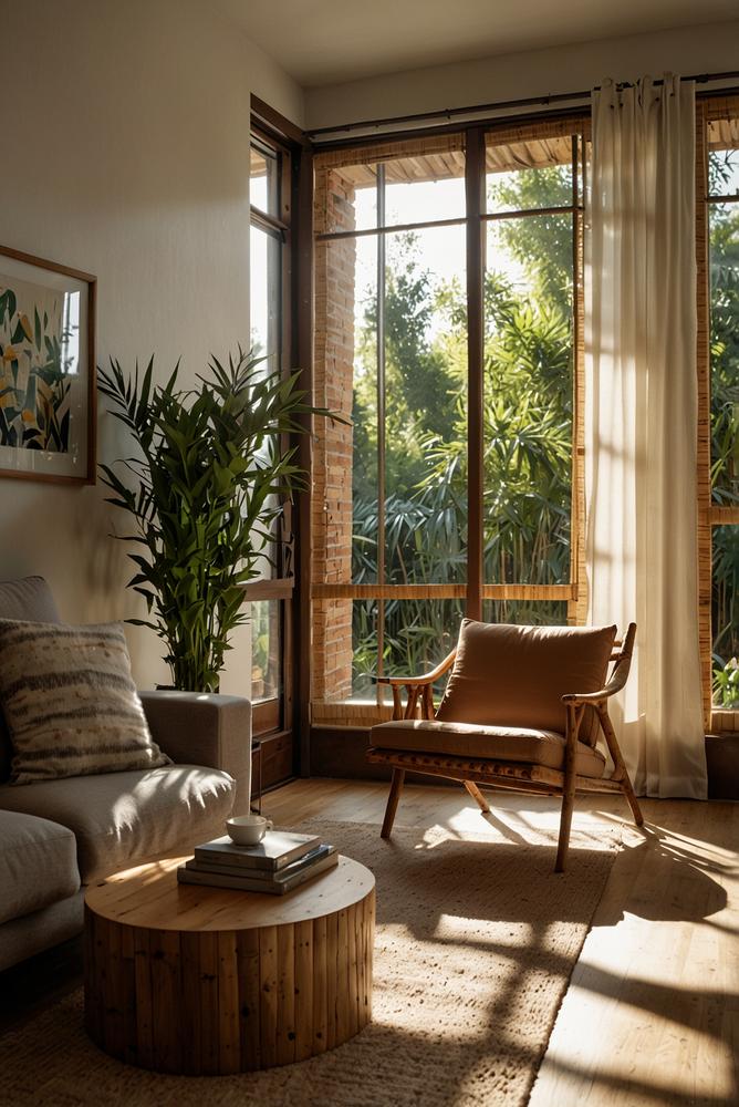 Helles Wohnzimmer mit Bambusrollos und sanftem Sonnenschutz