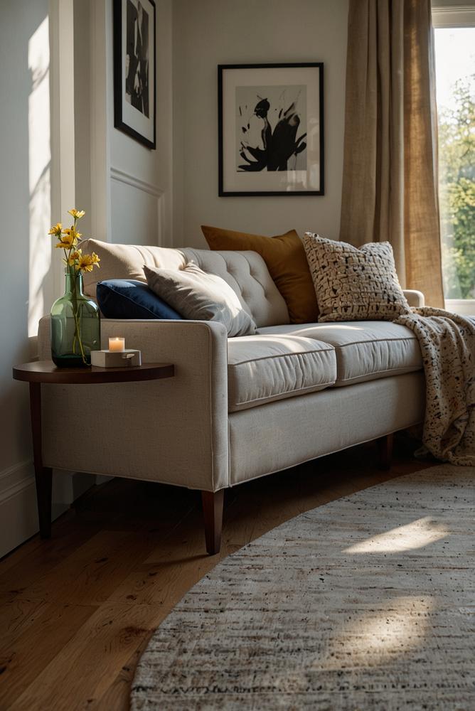 Helle Bank unter dem Fenster mit Stauraum im Wohnzimmer