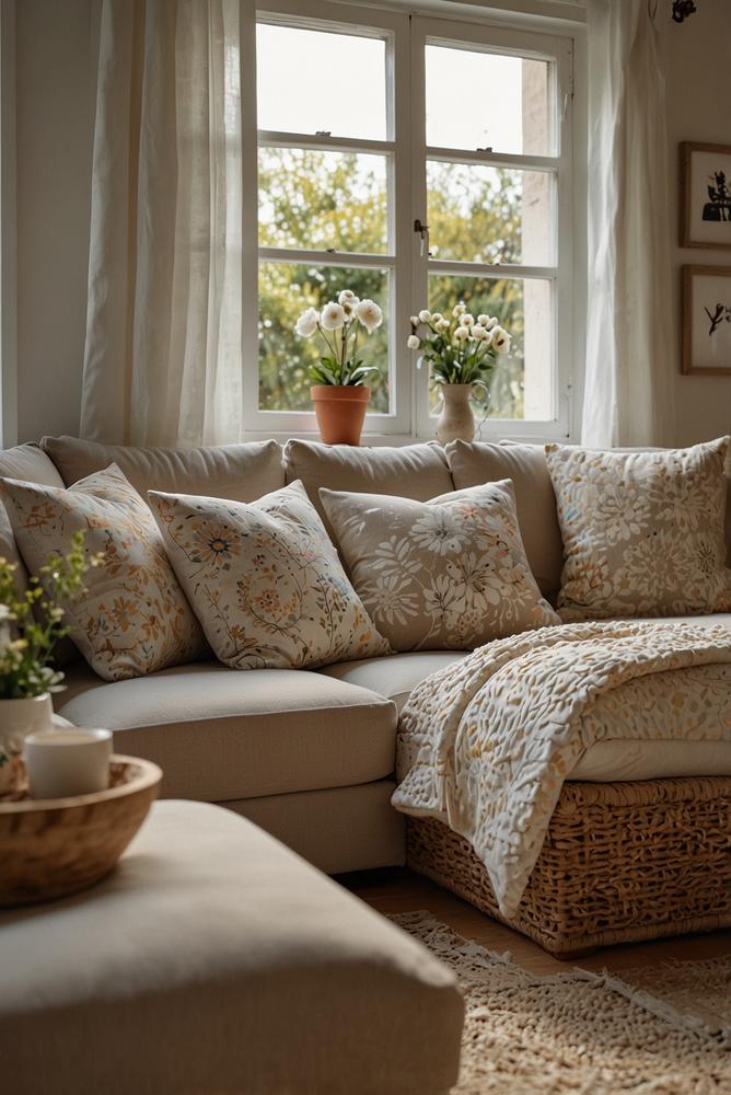 Baumwollkissen mit floralen Mustern auf hellem Sofa im Fruehling