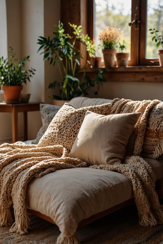 Helle Boho-Leseecke mit Kissen und Decken im Fruehling