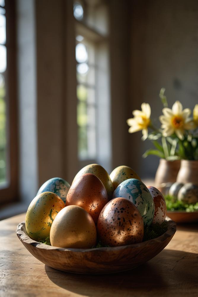 Bunte Eier als moderne skulpturale Ostertischdeko