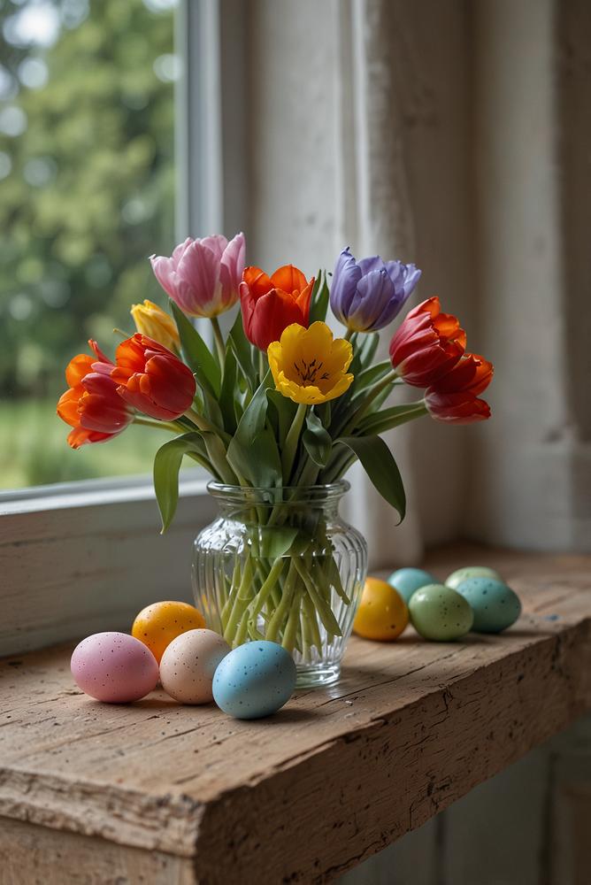 Frühlingsfensterbank mit bunten Tulpen und pastellfarbenen Eiern