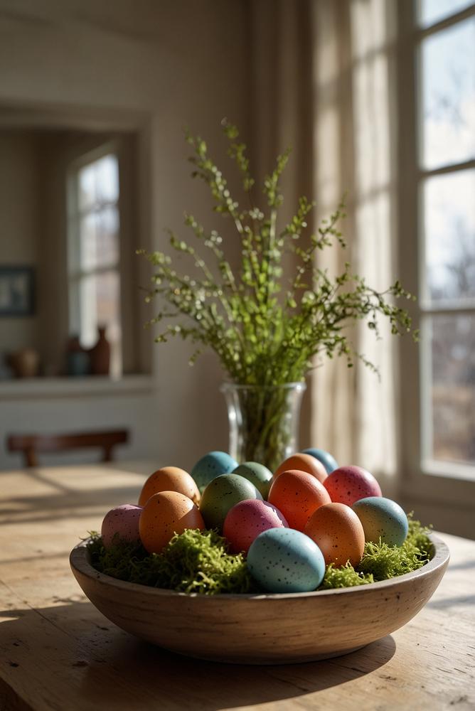 Bunte Osterdeko mit gefärbten Eiern in Glasbehältern