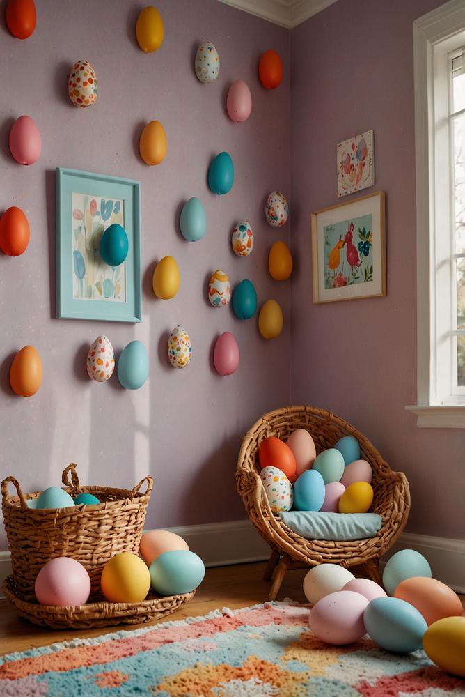Bunte Papier-Eier an der Oster-Wand im Kinderzimmer