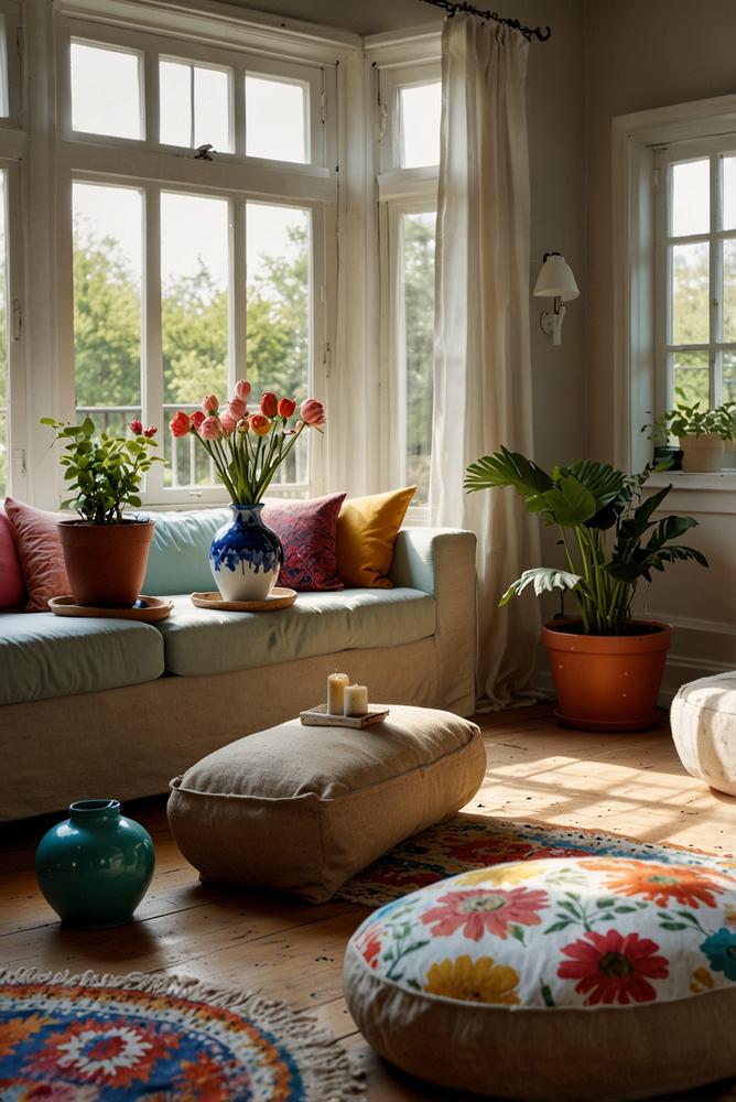 Helles Wohnzimmer mit DIY-Dekoration im Frühlingsstil