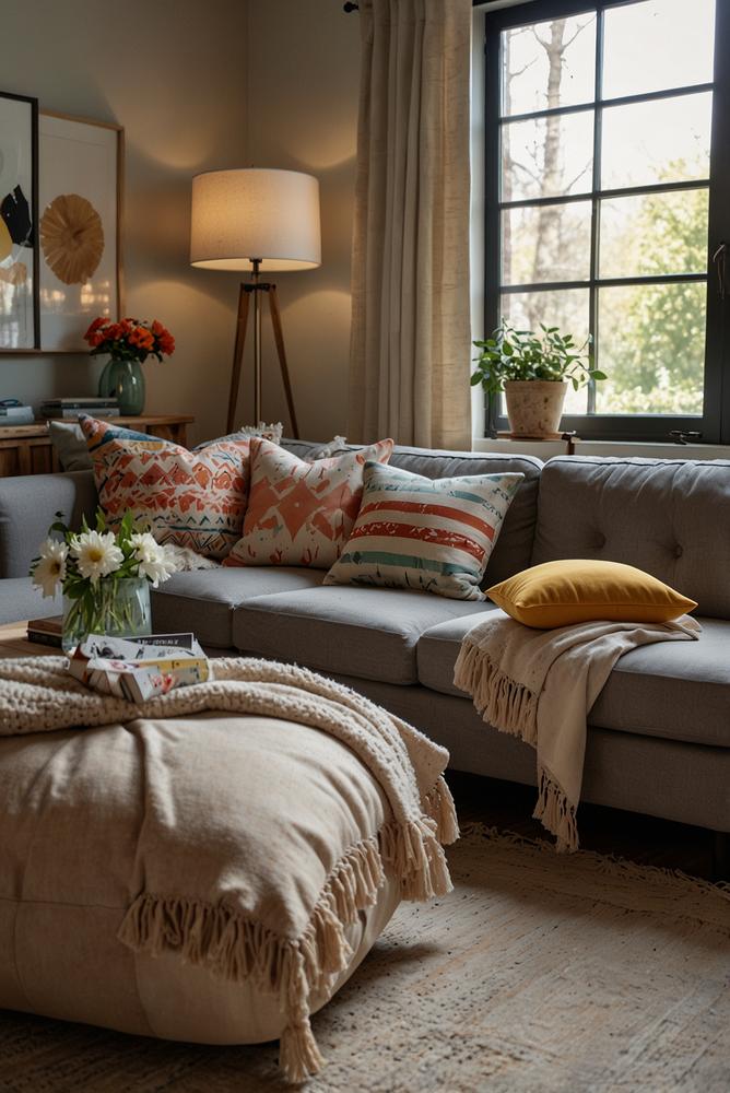 Helles, lichtdurchflutetes Wohnzimmer mit DIY Kissen und Decken