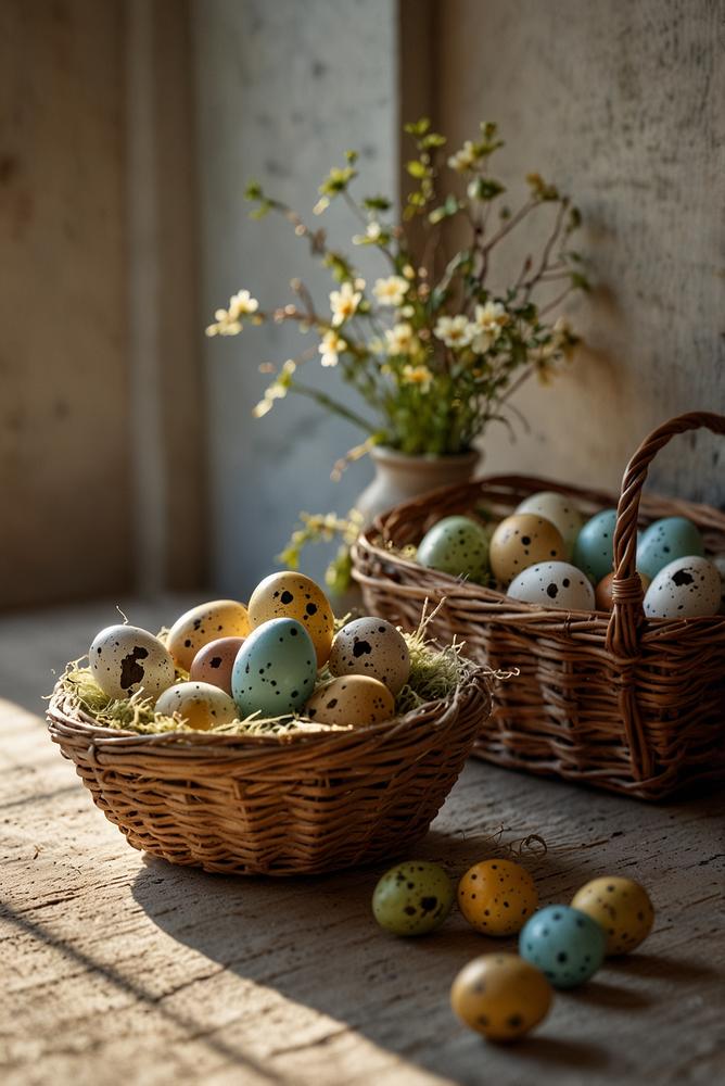 Gefärbte Wachteleier in heller Osterdeko arrangiert