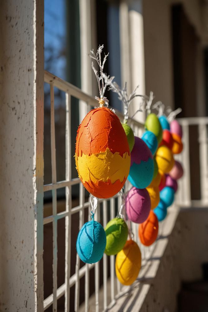 DIY-Ostereier-Girlande am Balkongeländer, hell und einladend