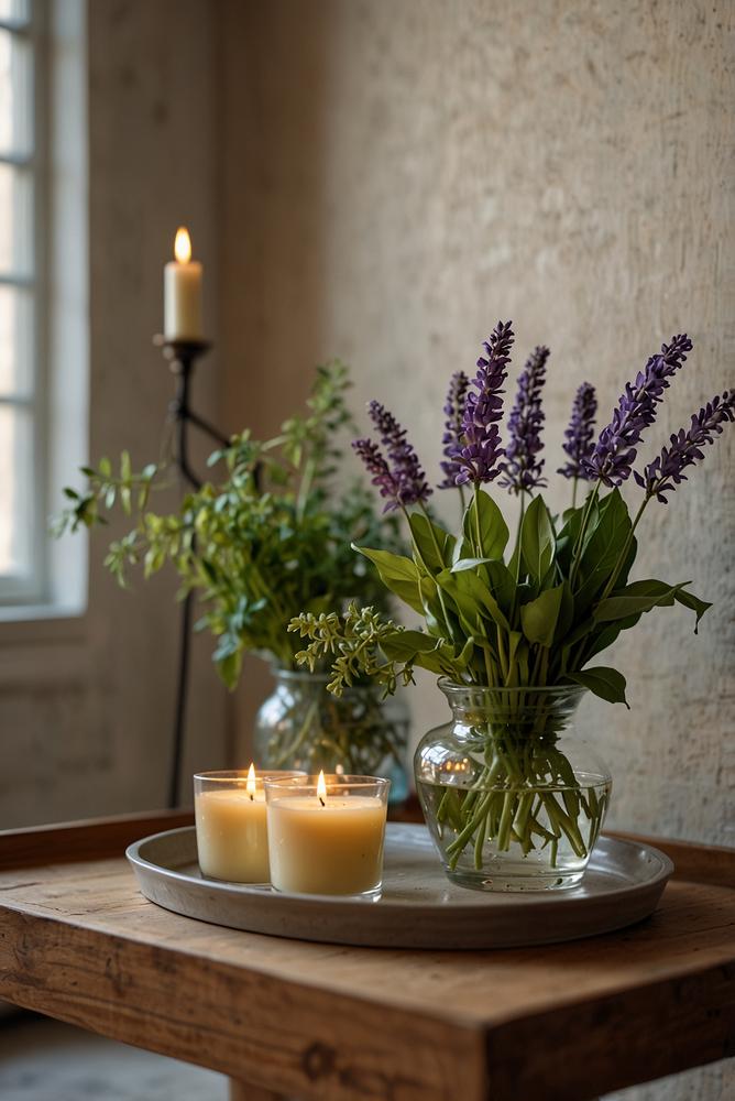 Duft-Station mit Frühlingskerzen und frischen Kräutern im Wohnzimmer