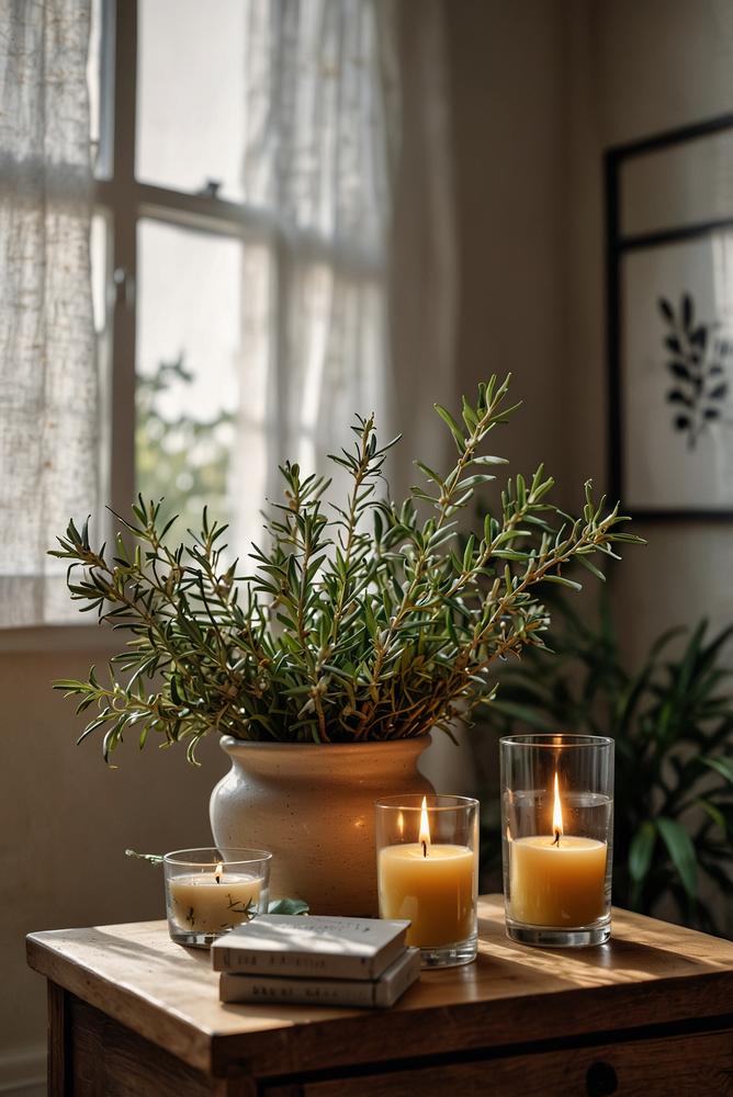 Helle Wohnung mit natürlichen Duftkerzen und Diffuser