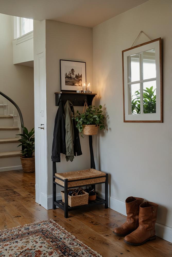 Heller und einladender Eingangsbereich mit Pflanzen und Accessoires