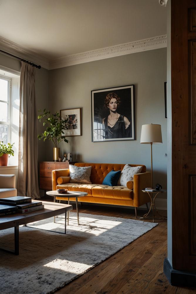 Hell erleuchteter eklektischer Wohnraum mit Vintage und modernem Stil